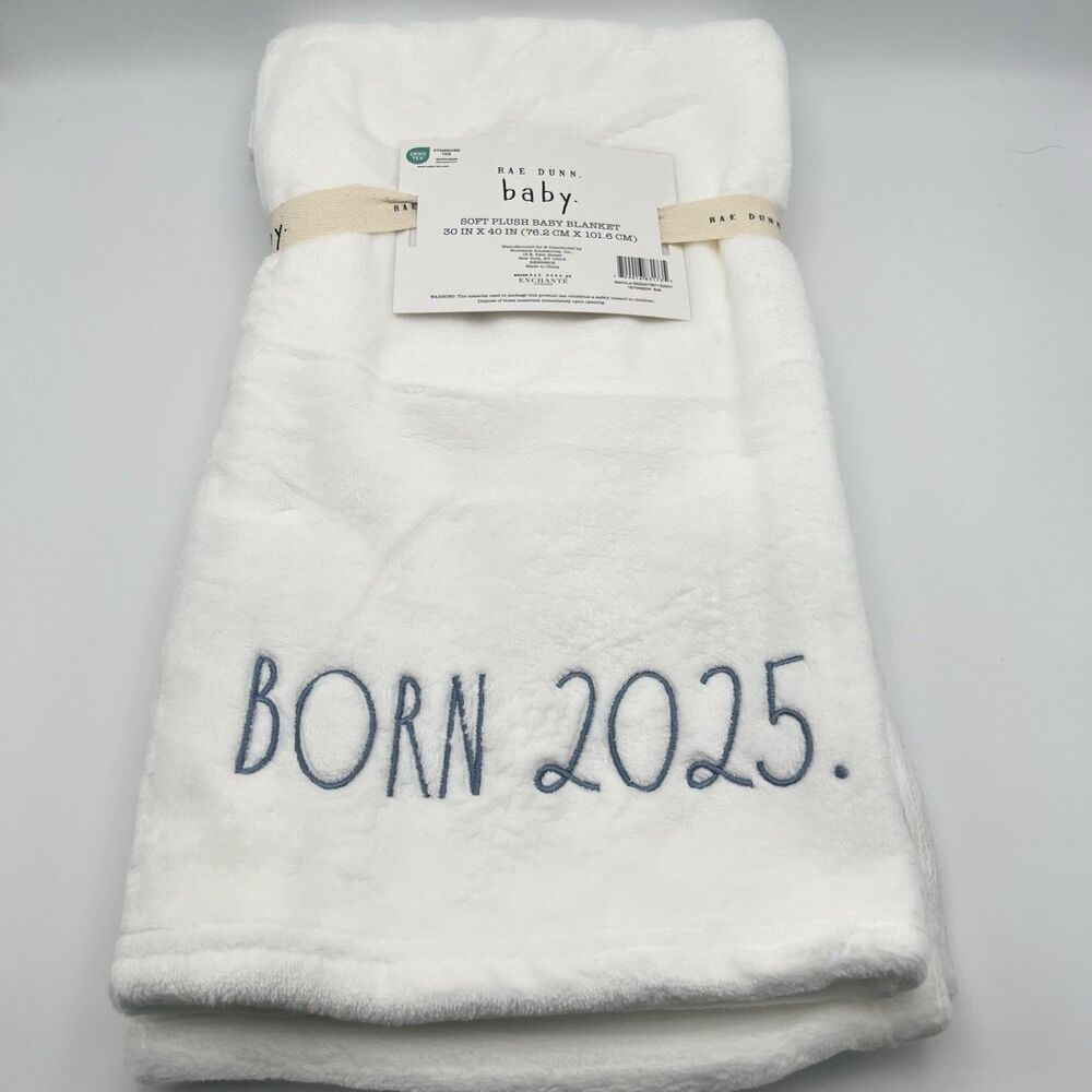 NEW White Soft Plush RAE DUNN Baby Boy Girl Blanket BORN 2025 ~Nice Shower Gift!